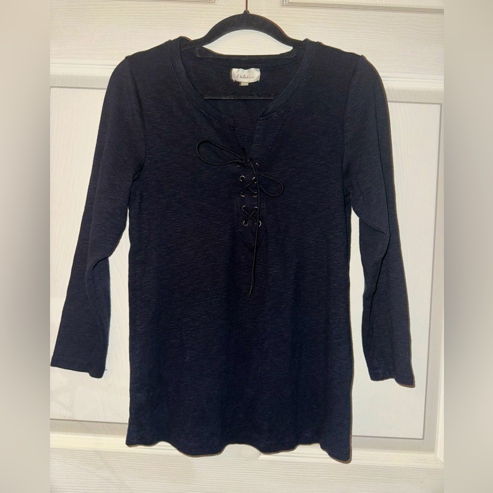 Deletta women’s black lace up front black blouse S contemporary boho